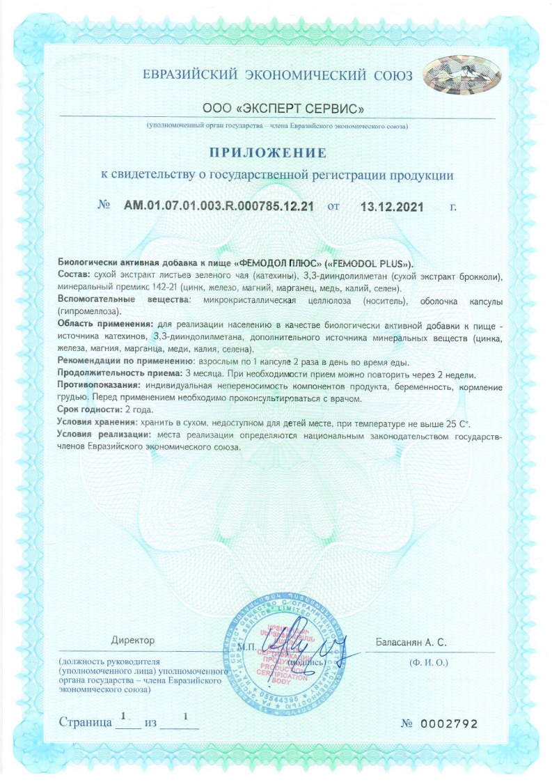 Сертификат на Фемодол Плюс