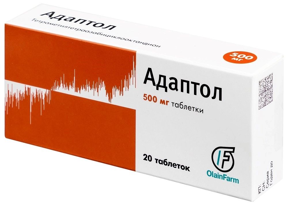Упаковка препарата Адаптол, таблетки 500 мг, 20 шт.