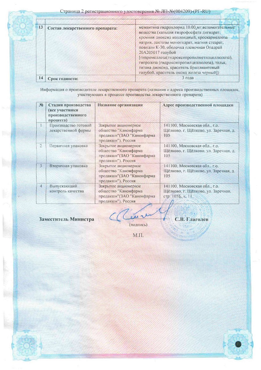 Сертификат на Мемантин