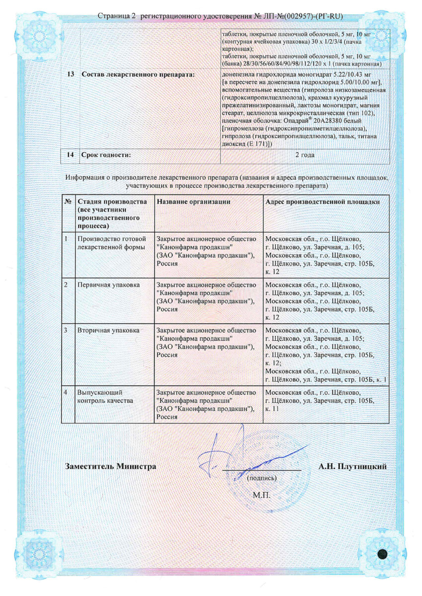 Сертификат на Донепезил