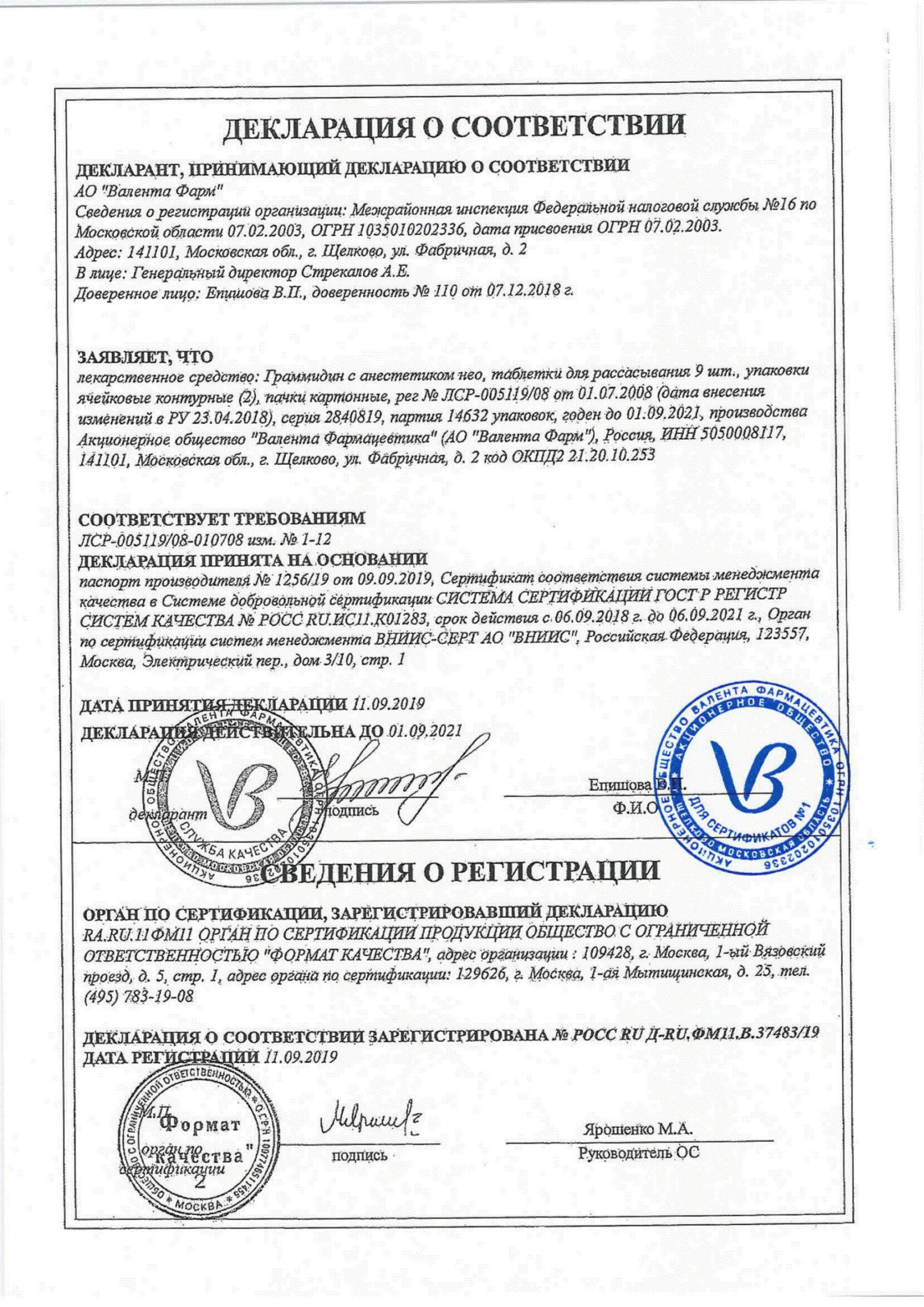 Сертификат на Граммидин