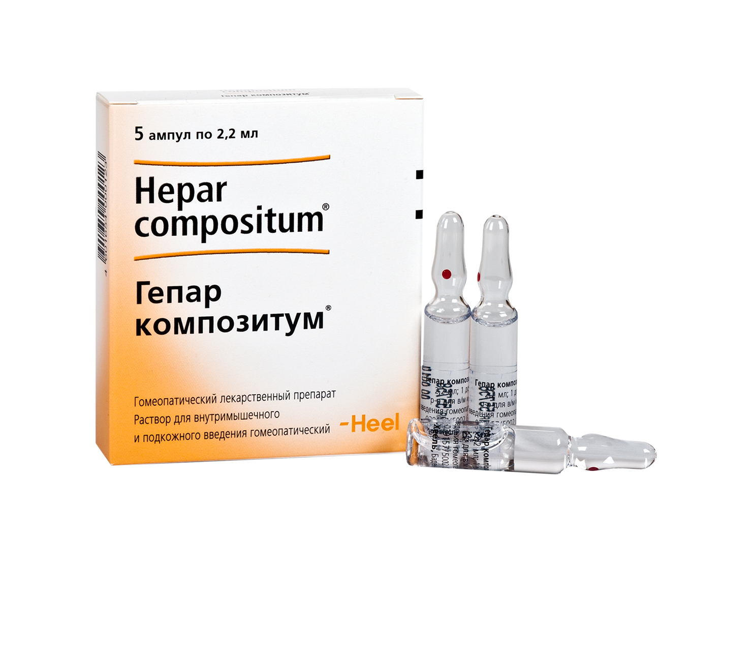 Упаковка препарата Гепар Композитум, раствор ампулы 2,2 мл, 5 шт.