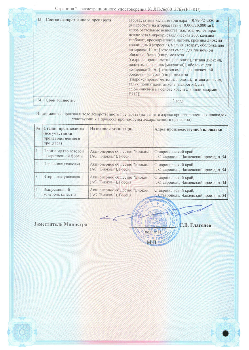 Сертификат на Аторвастатин-Акос, таблетки 20 мг, 30 шт