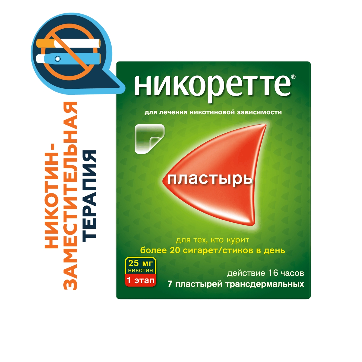 Упаковка препарата Никоретте, пластырь трансдермальный 25 мг /16 ч, 7 шт.