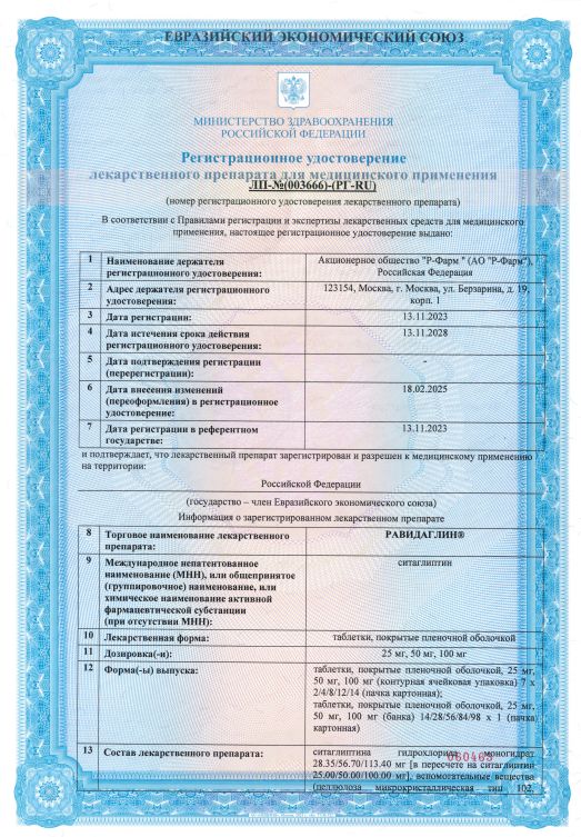 Сертификат на Равидаглин