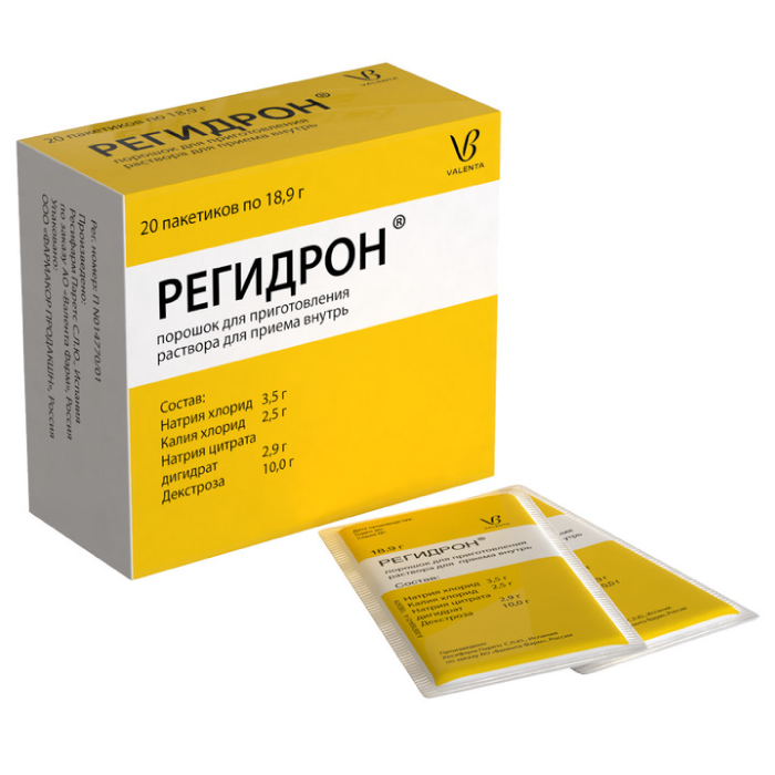 Упаковка препарата Регидрон, порошок пакетики 18.9 г, 20 шт.