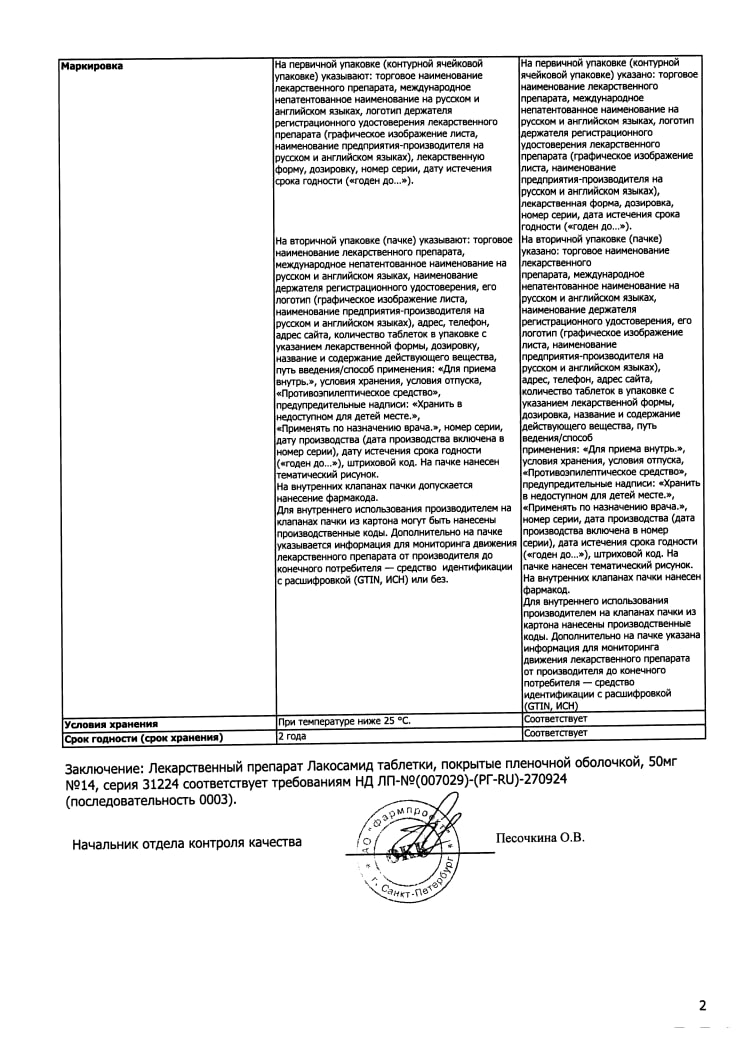 Сертификат на Лакосамид