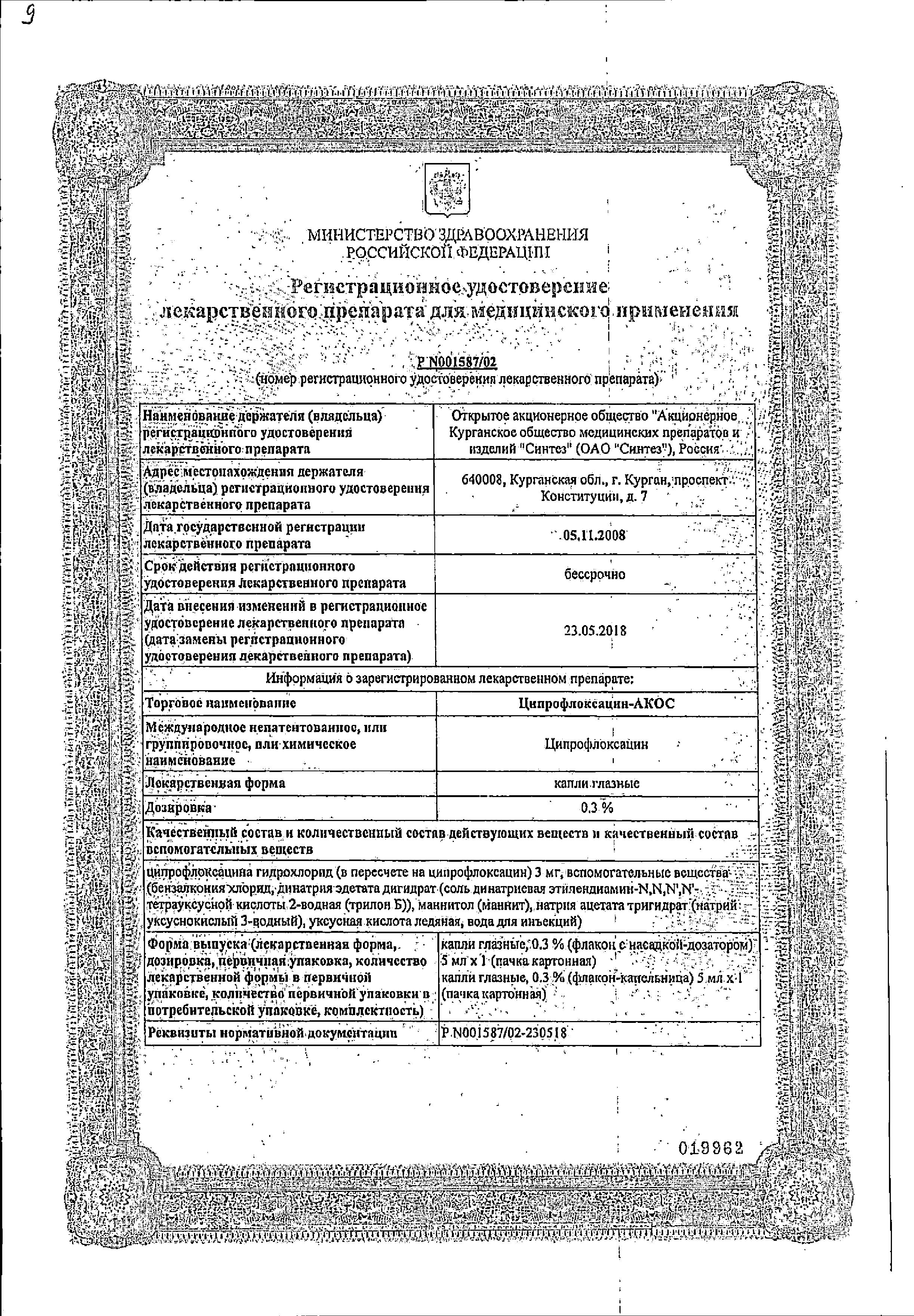 Сертификат на Ципрофлоксацин