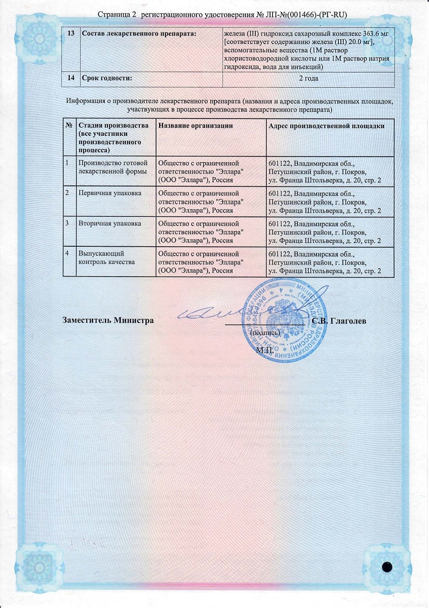 Сертификаты Железа (III) гидроксид сахарозный комплекс