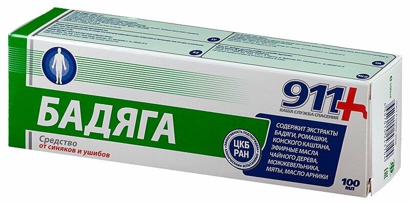 Упаковка препарата 911 гель для тела Бадяга, 100 мл