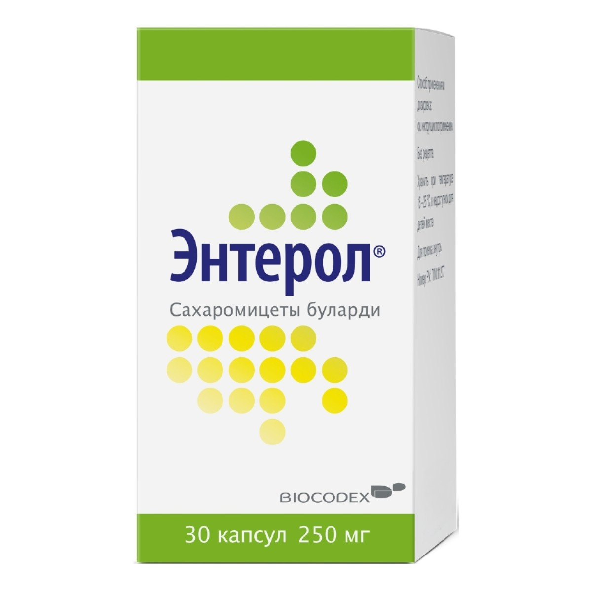 Упаковка препарата Энтерол, капсулы 250 мг, 30 шт.