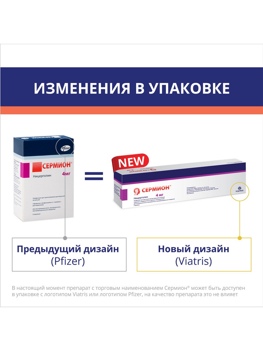 Упаковка препарата Сермион, лиофилизат, флаконы 4 мг, 4 шт.