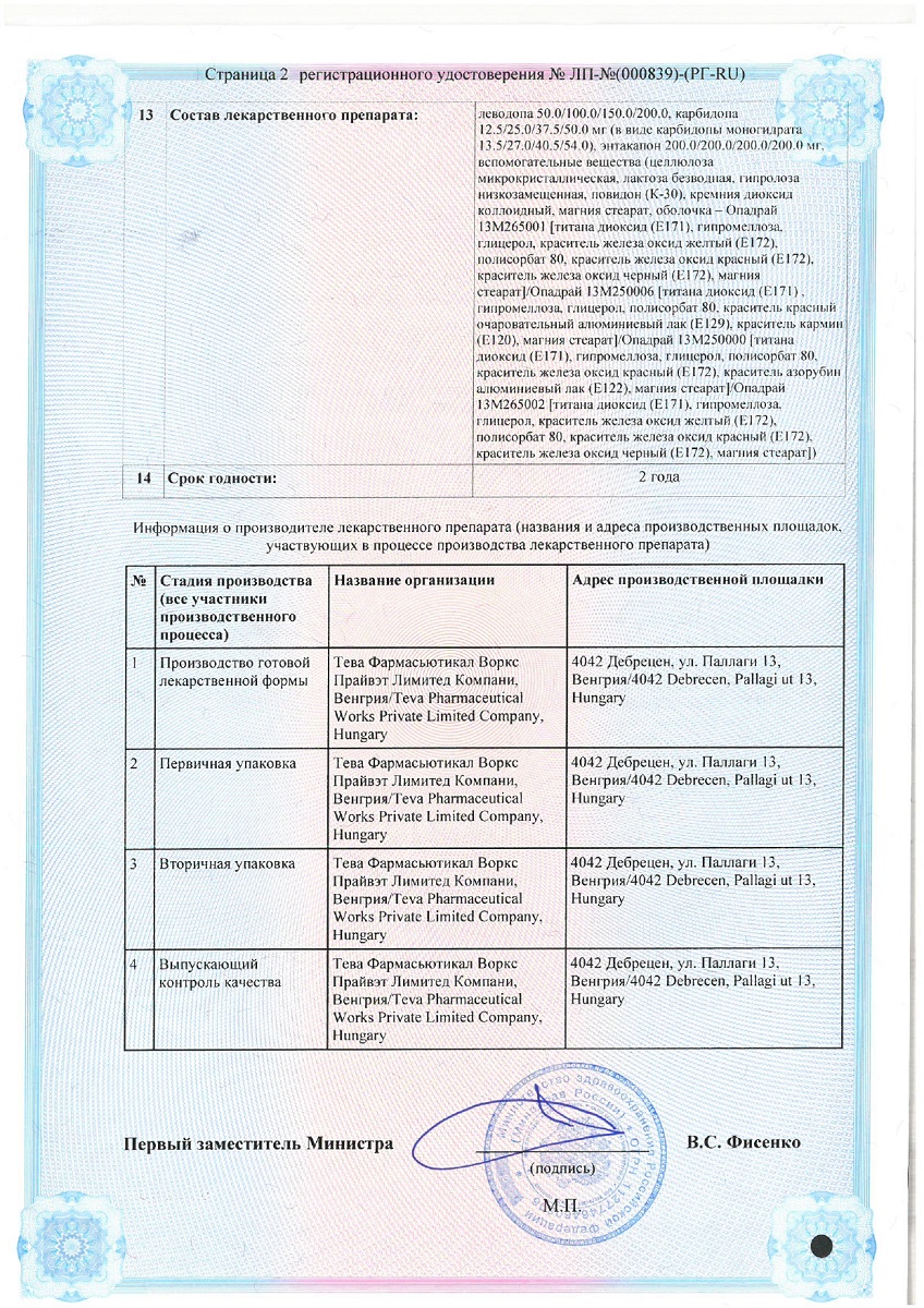 Сертификат на Леводопа-Карбидопа-Энтакапон-Тева
