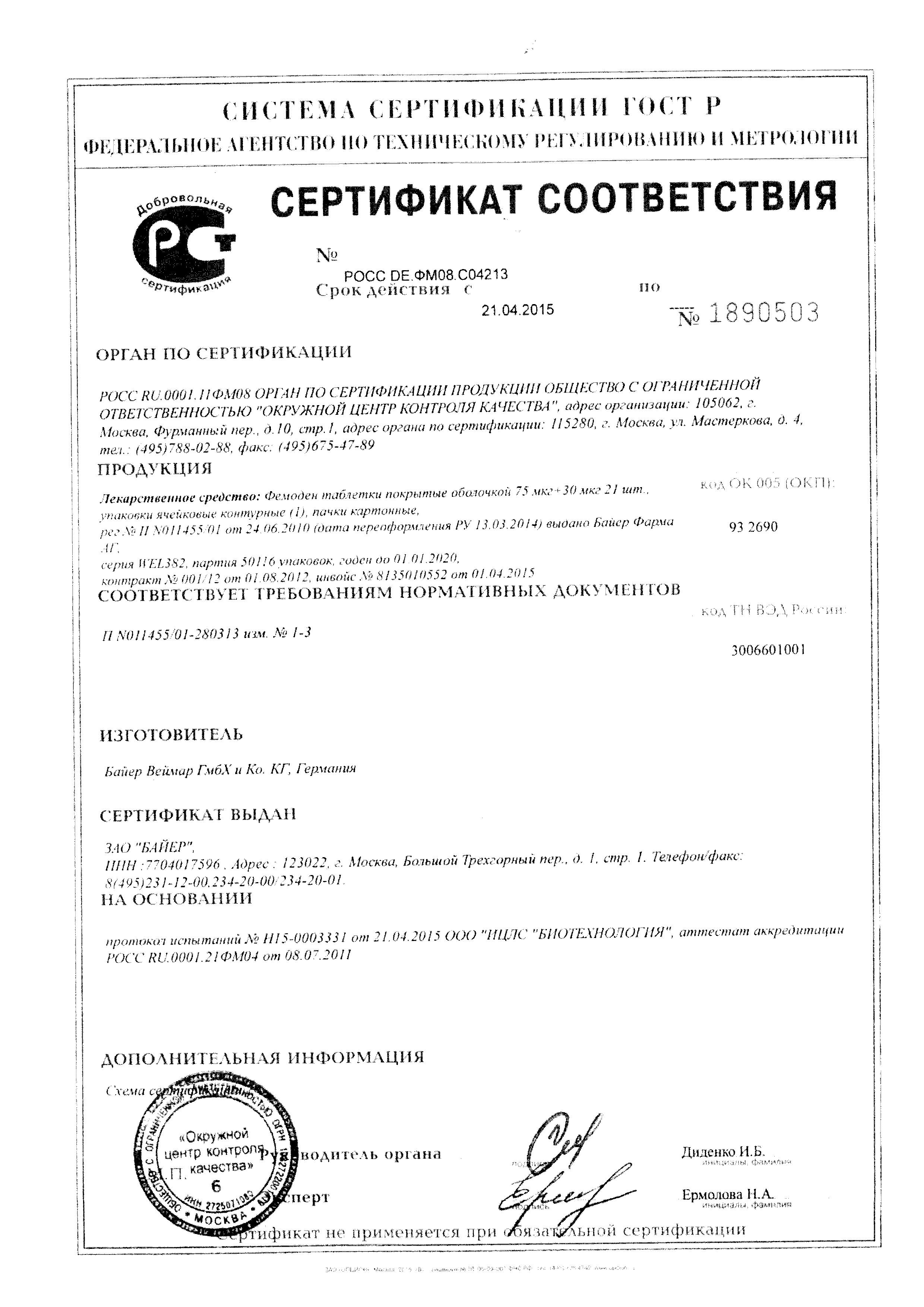 Сертификат на Фемоден