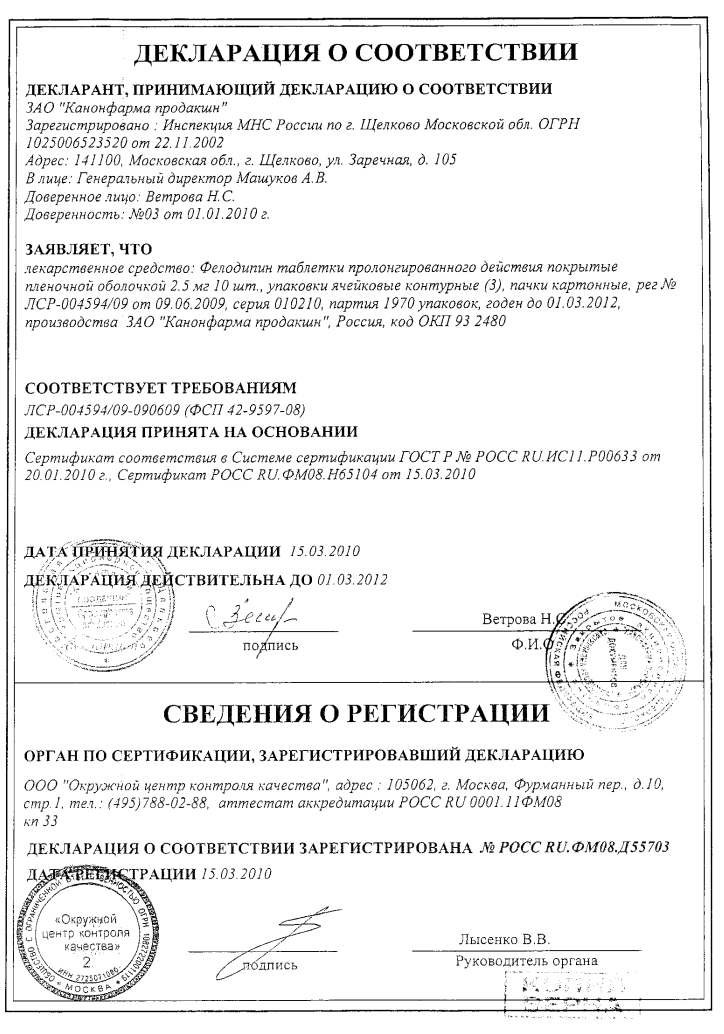 Сертификат на Фелодипин