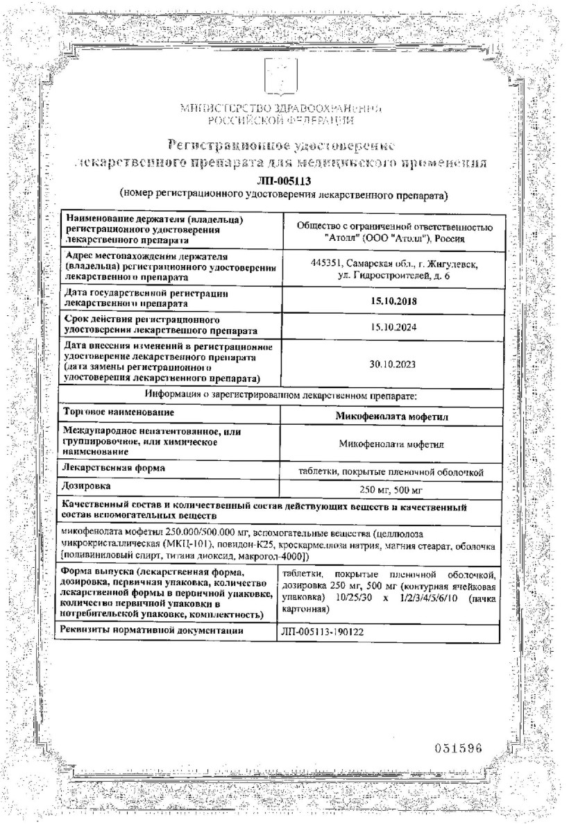 Сертификат на Микофенолата мофетил