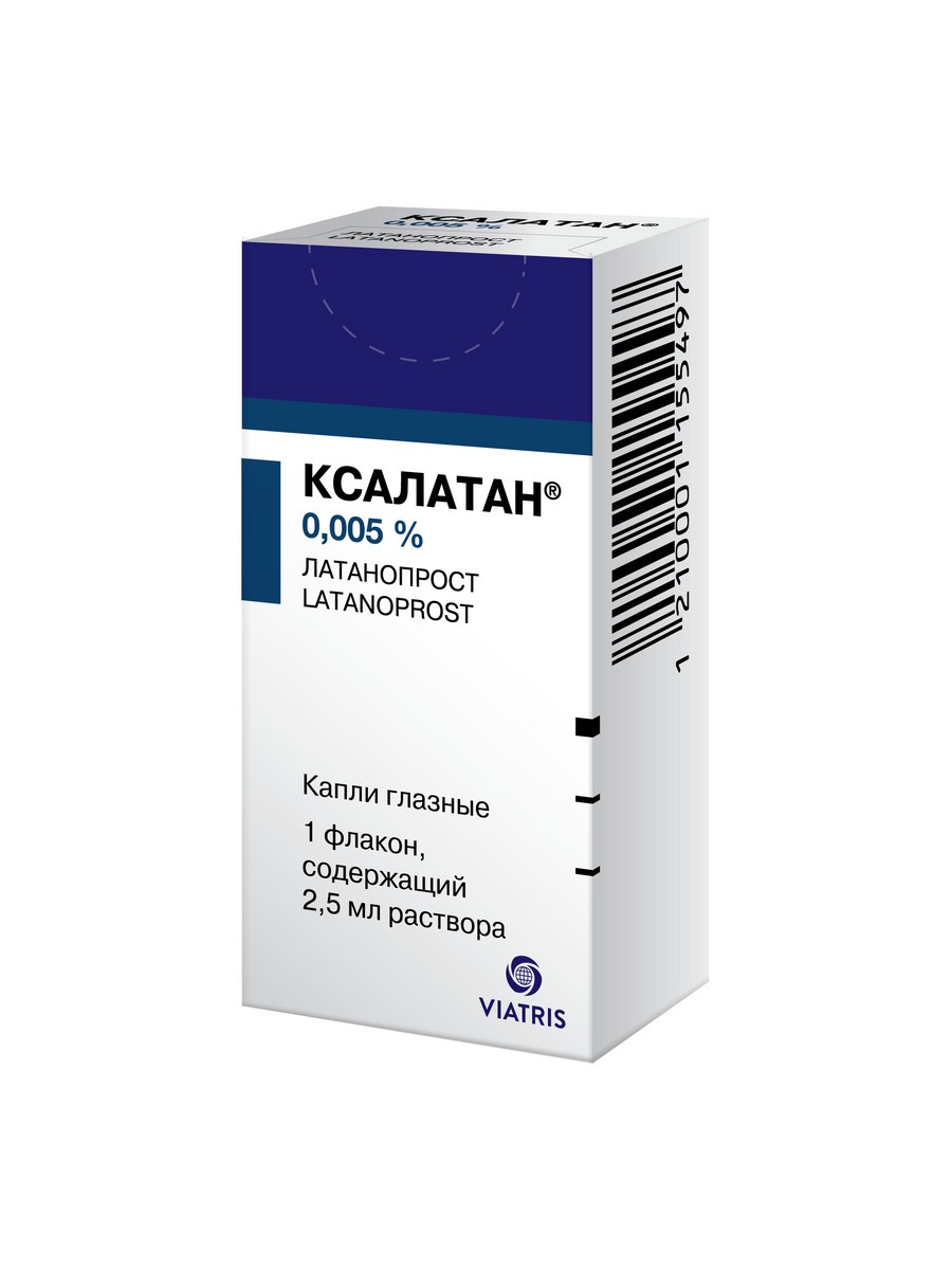 Упаковка препарата Ксалатан, капли глазные 0,005%, 2,5 мл