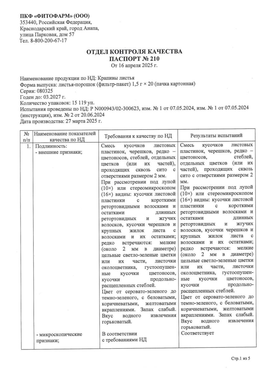 Сертификат на Крапивы листья