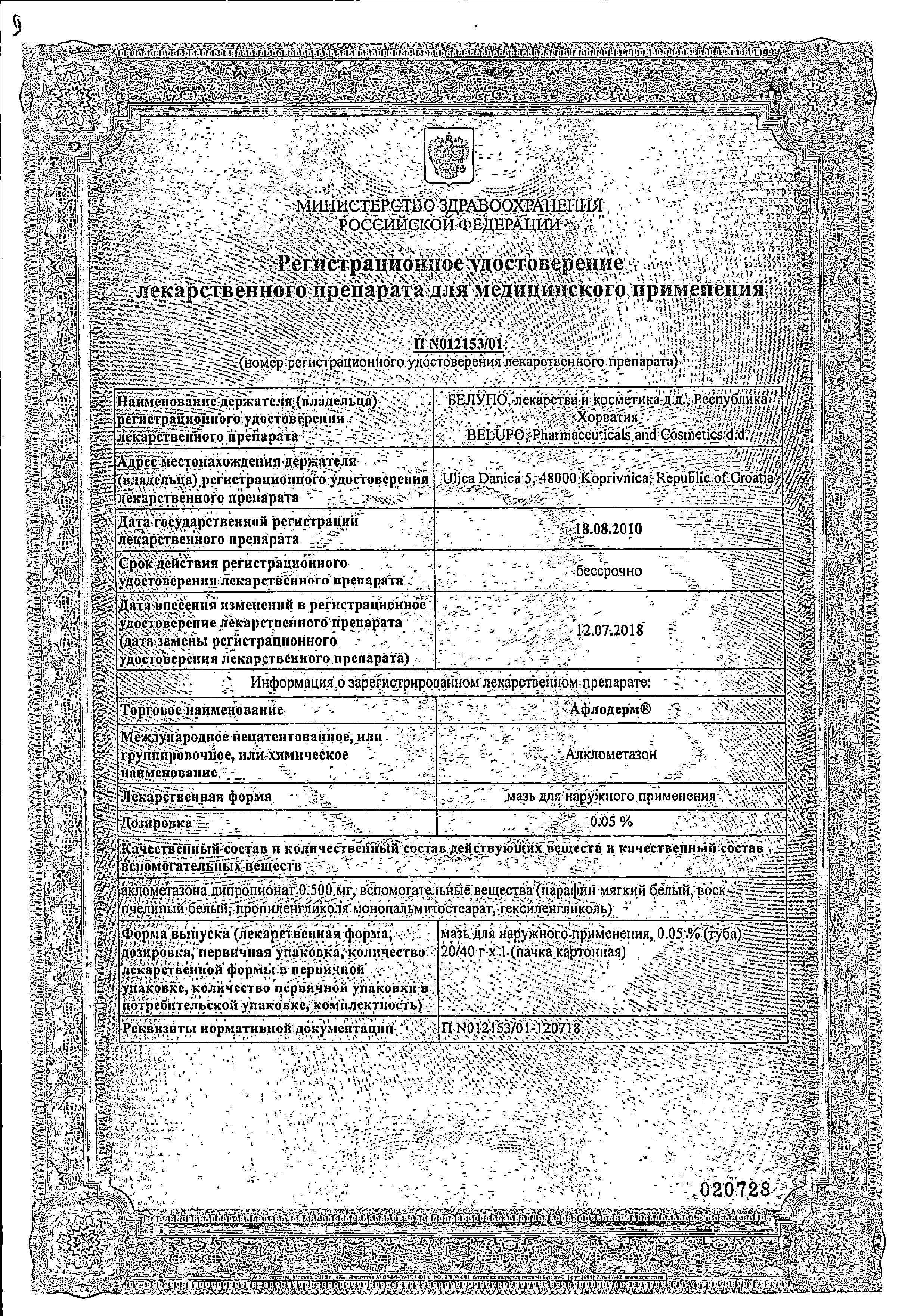 Сертификат на Афлодерм