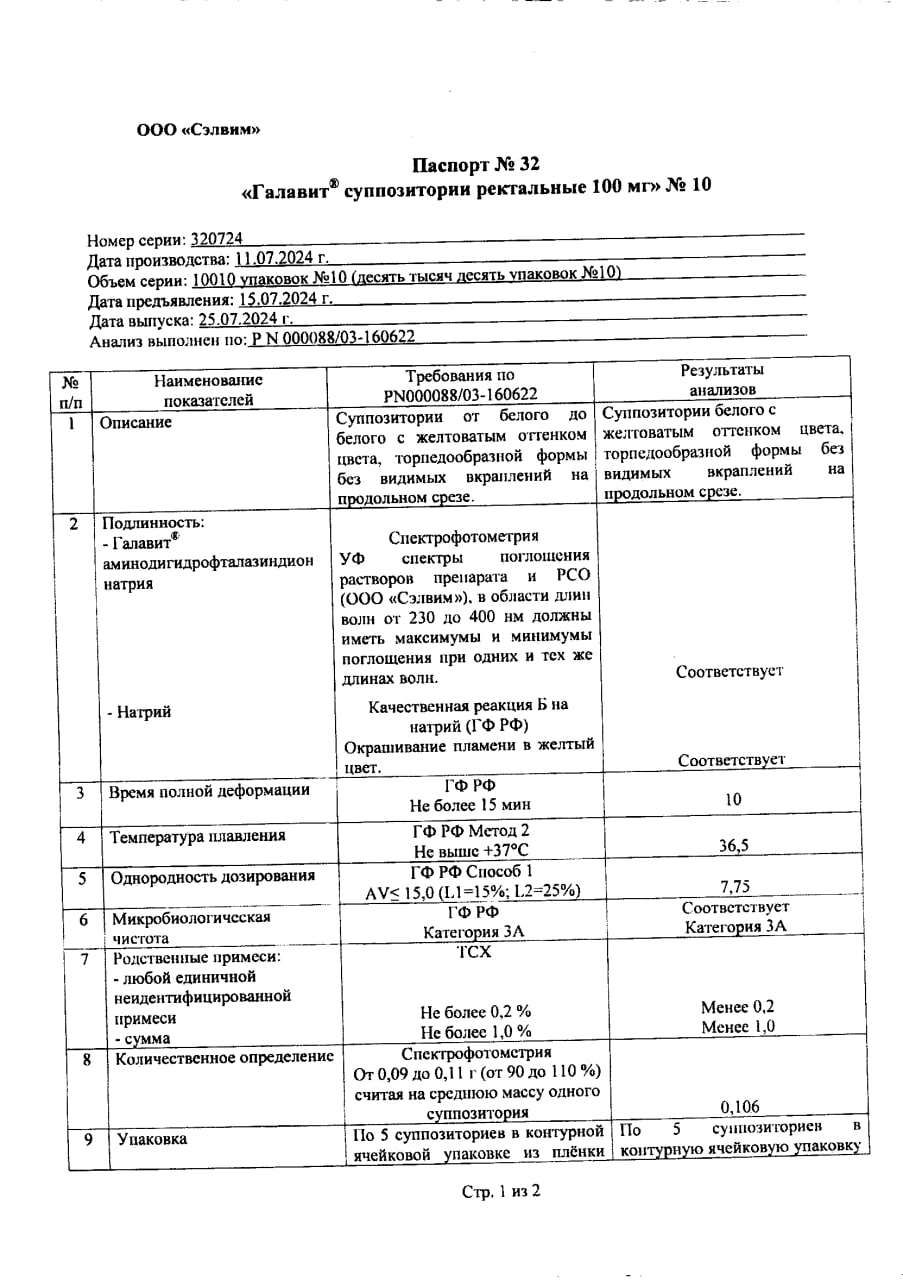 Сертификат на Галавит, суппозитории ректальные 100 мг, 10 шт.
