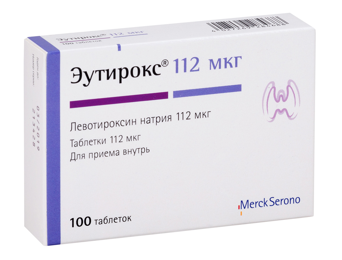 Упаковка препарата Эутирокс, таблетки 0,112 мг, 100 шт.