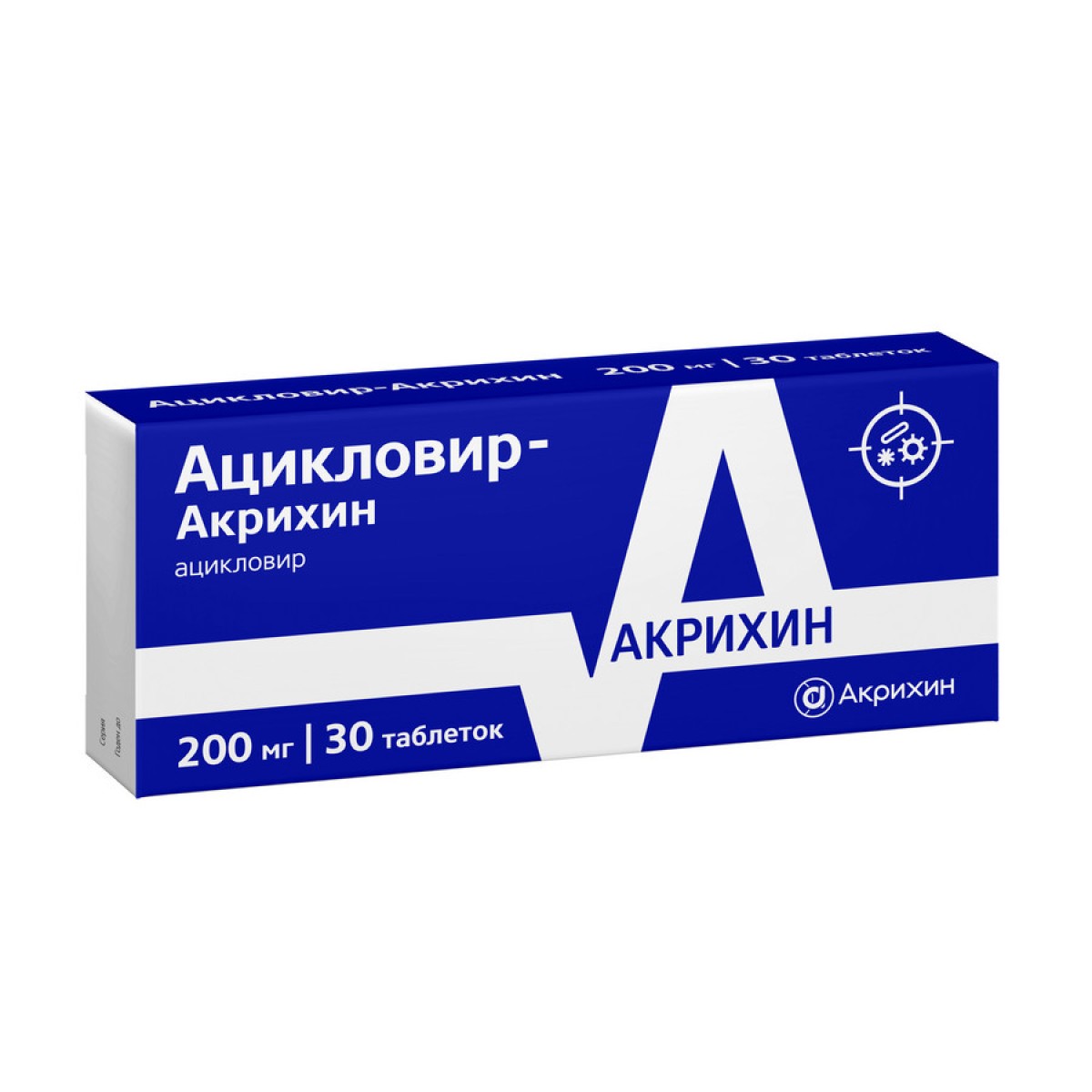Упаковка препарата Ацикловир-Акрихин, таблетки 200 мг, 30 шт.