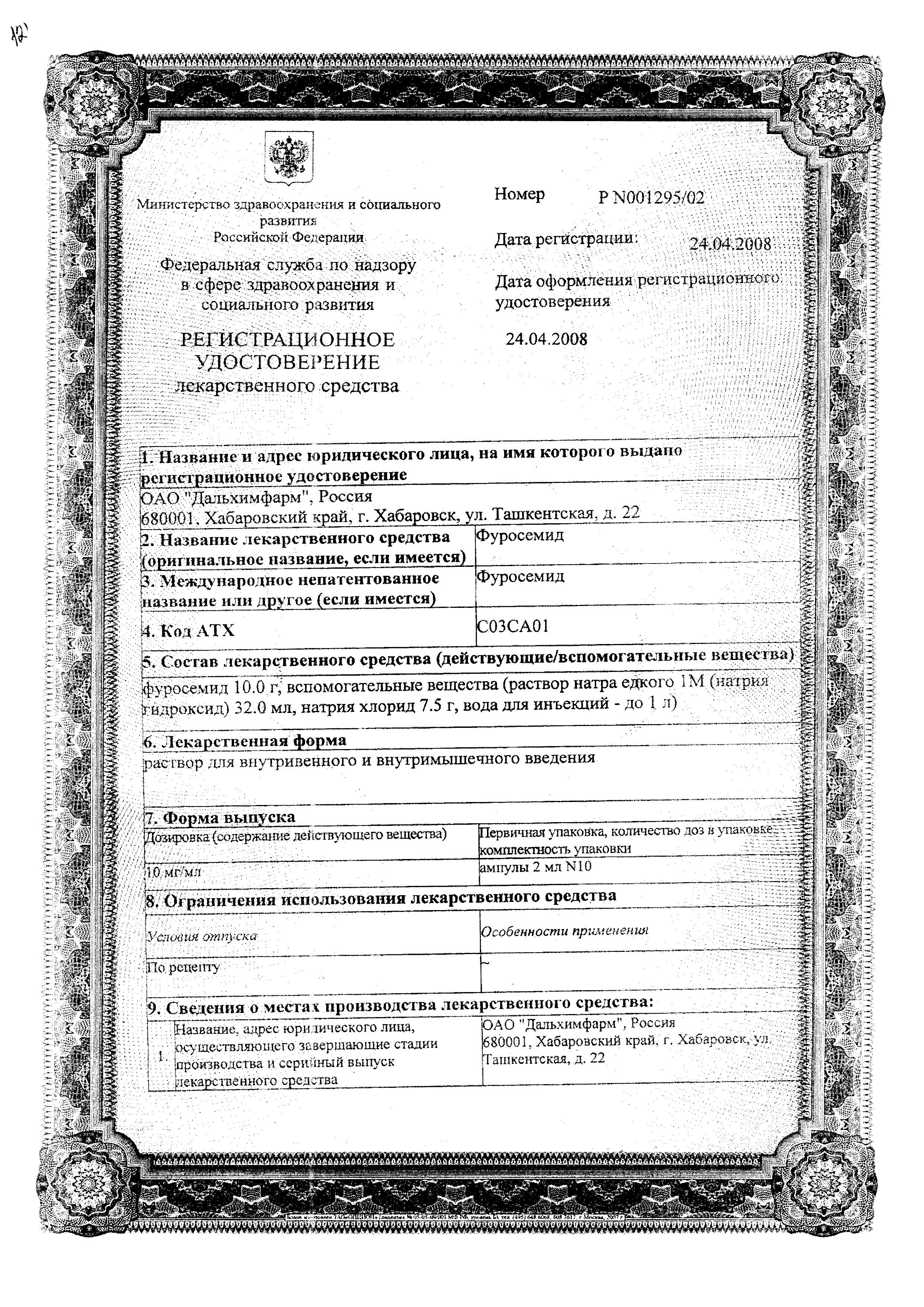 Сертификат на Фуросемид