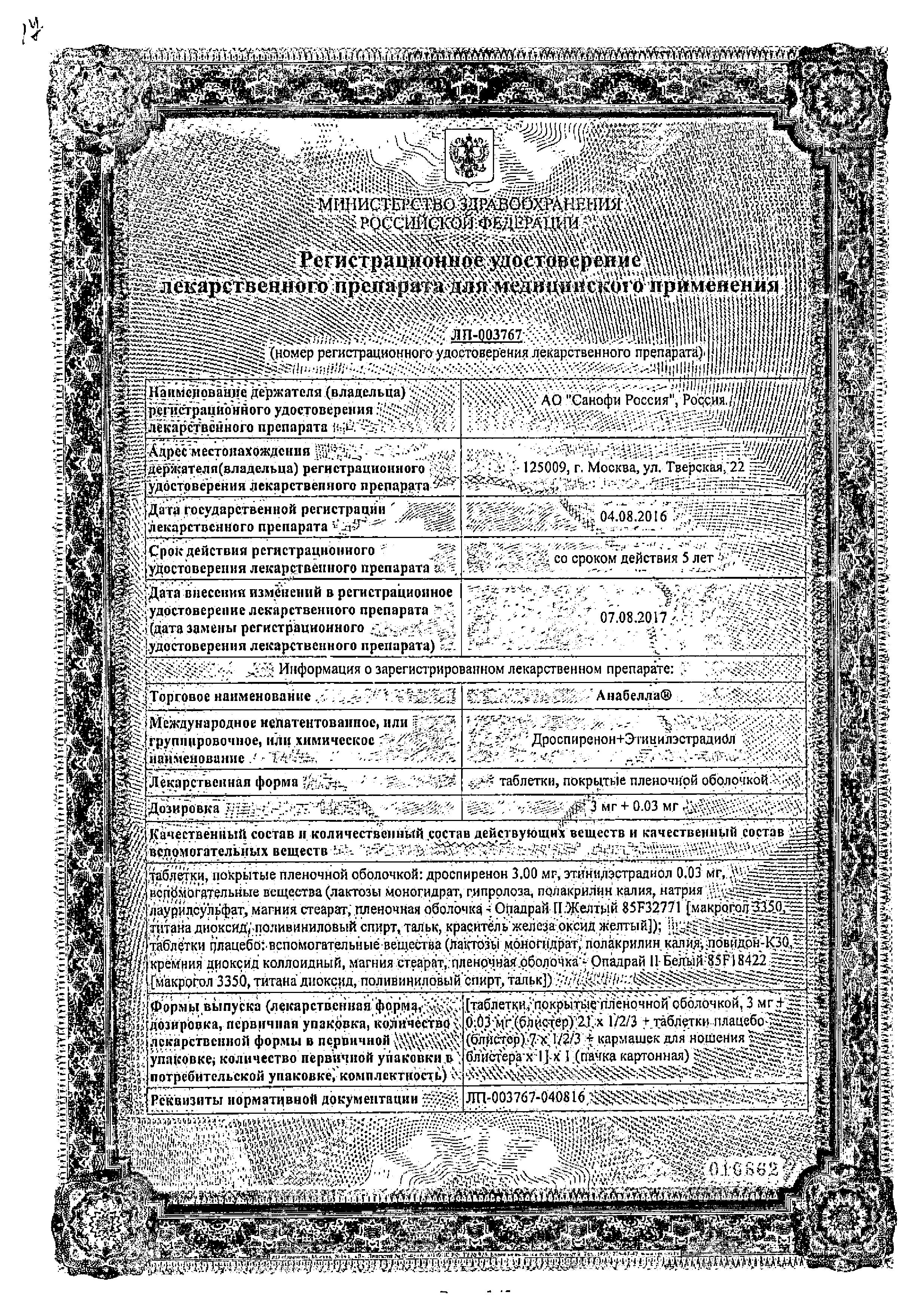 Сертификат на Анабелла