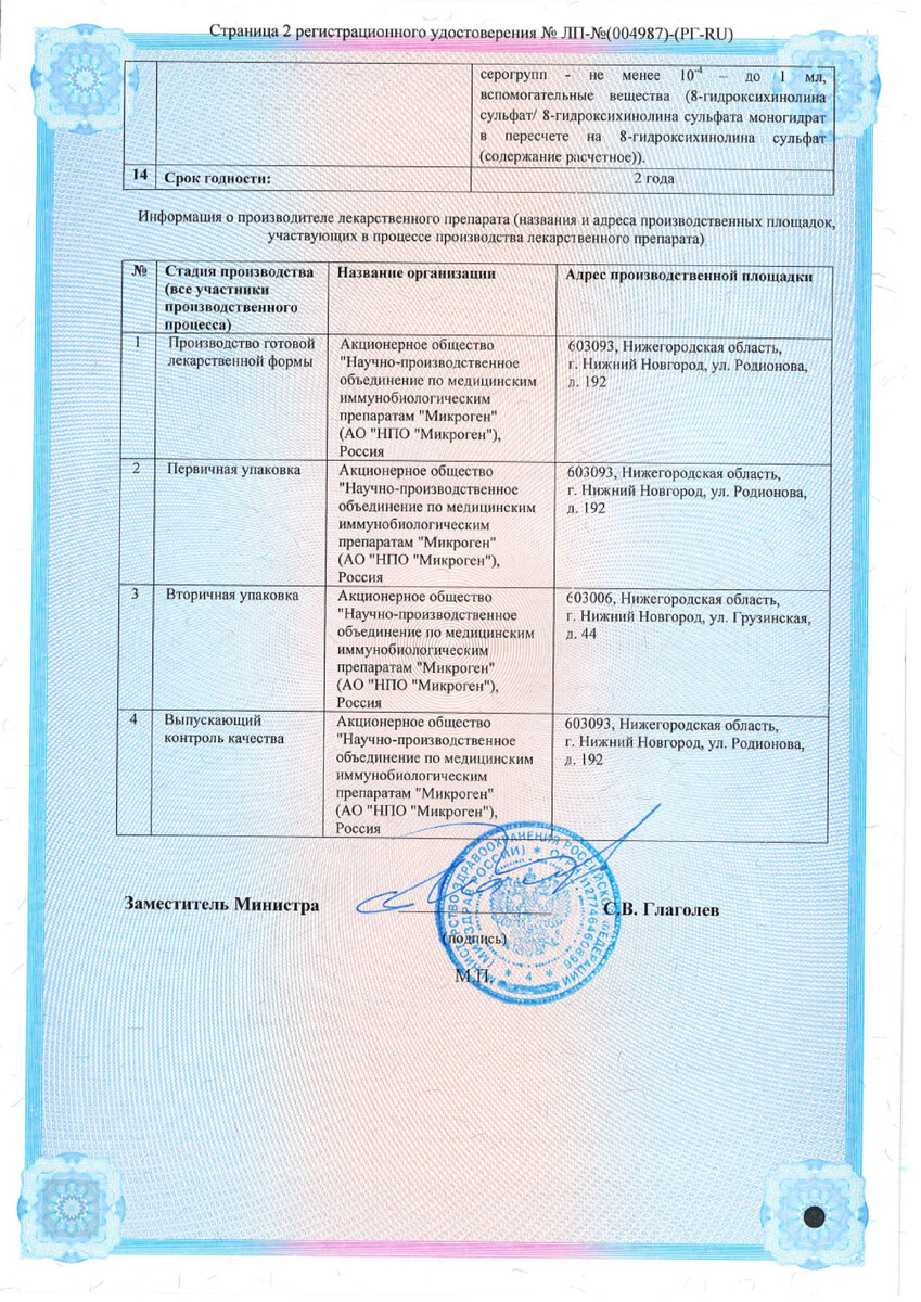 Сертификат на Бактериофаг Коли