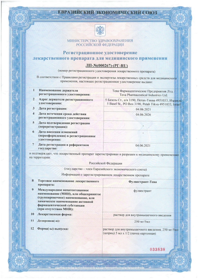 Сертификат на Фулвестрант-Тева