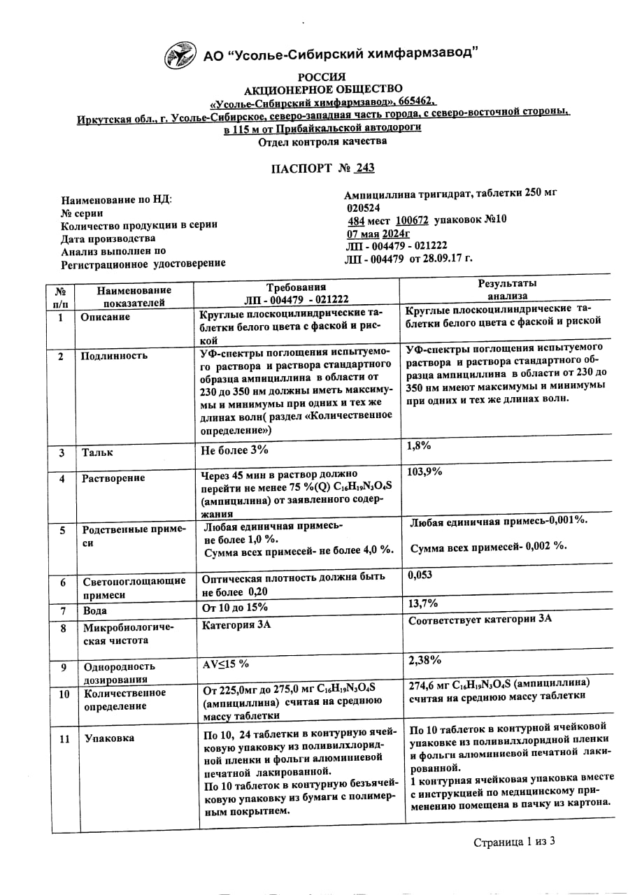 Сертификат на Ампициллина тригидрат