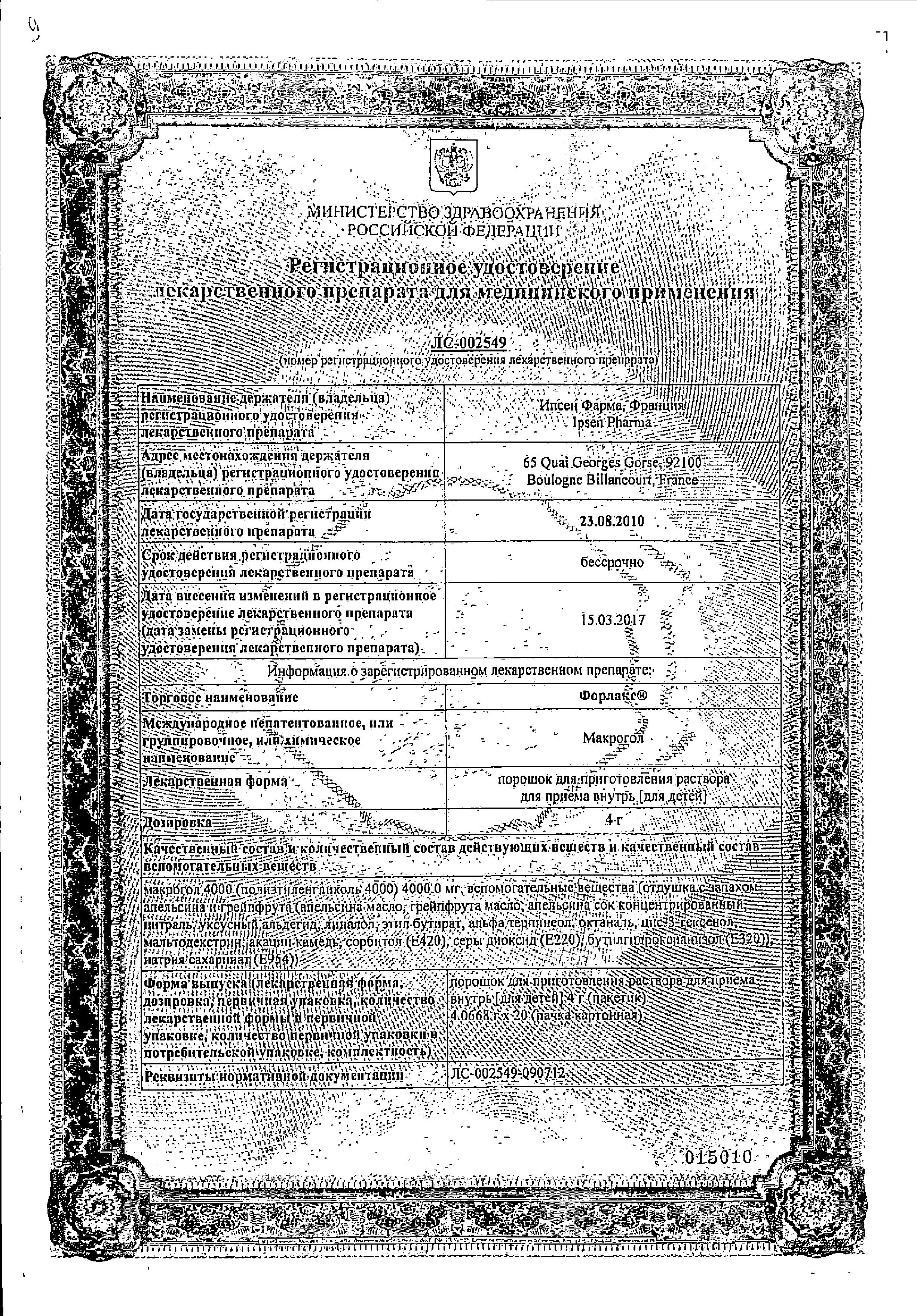 Сертификат на Форлакс