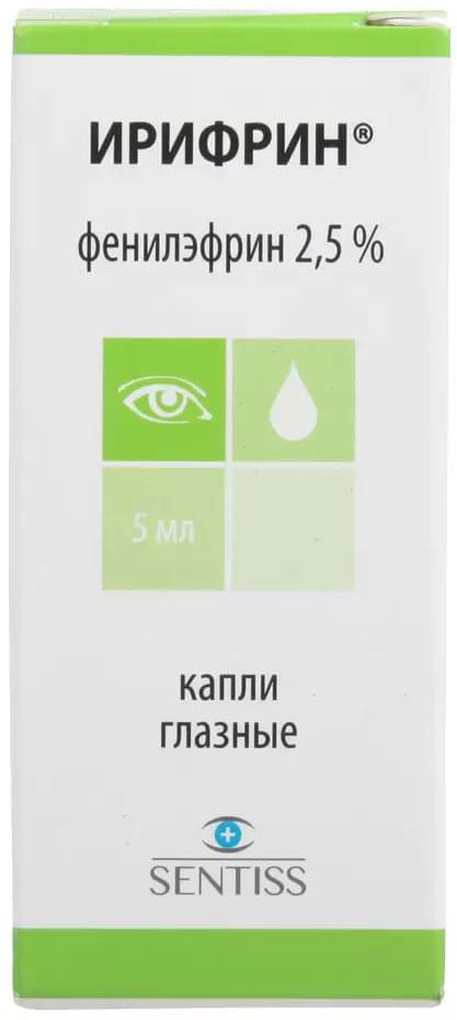 Упаковка препарата Ирифрин, капли глазные 2.5%, 5 мл
