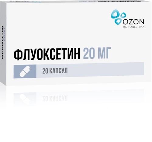 Упаковка препарата Флуоксетин, капсулы 20 мг, 20 шт. (Озон Фарм)
