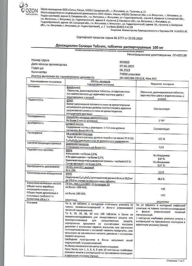 Сертификат на Доксициклин