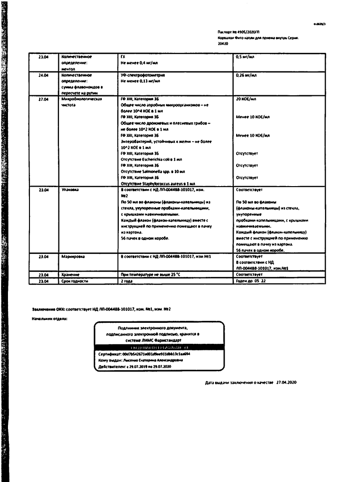 Сертификат на Корвалол