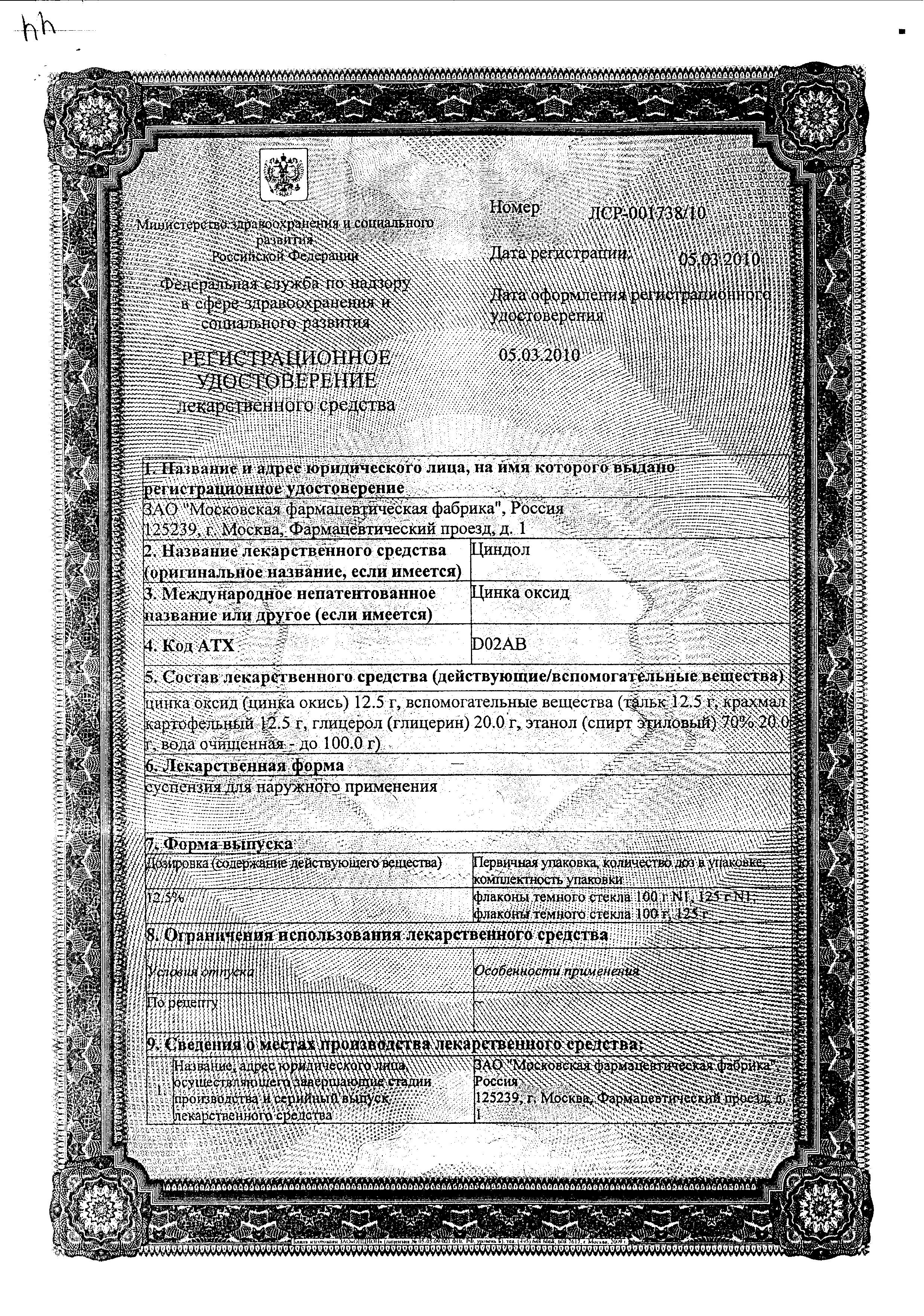 Сертификат на Циндол