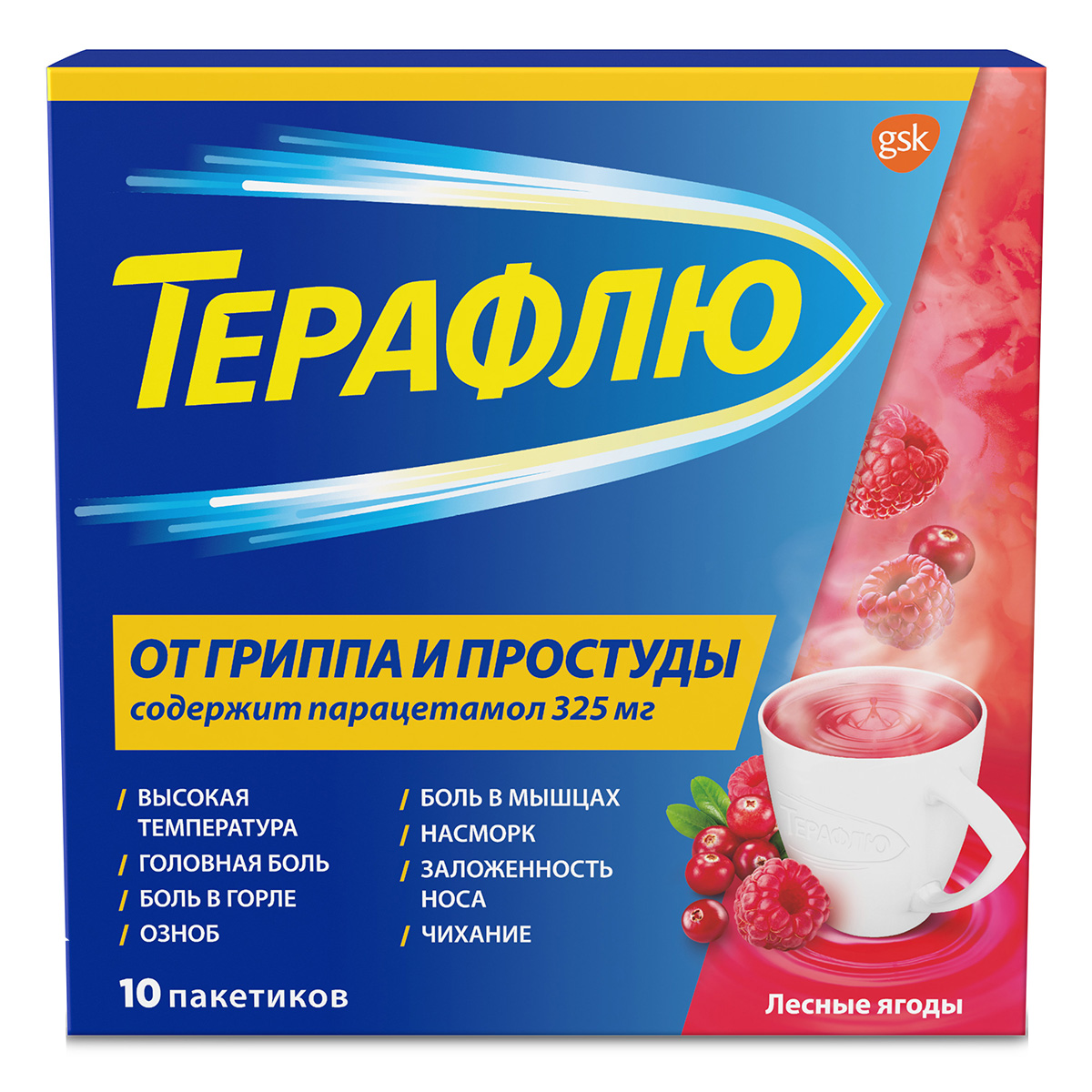 Упаковка препарата ТераФлю, жаропонижающее обезболивающее средство от симптомов гиппа и простуды, 10 шт.