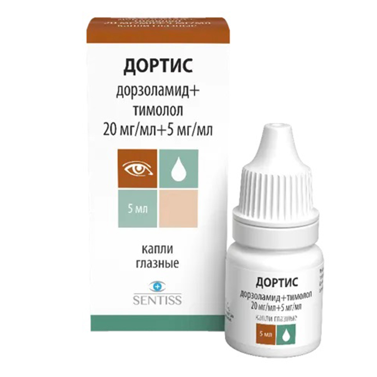 Упаковка препарата Дортис, капли глазные 20 мг/мл+5 мг/мл, 5 мл