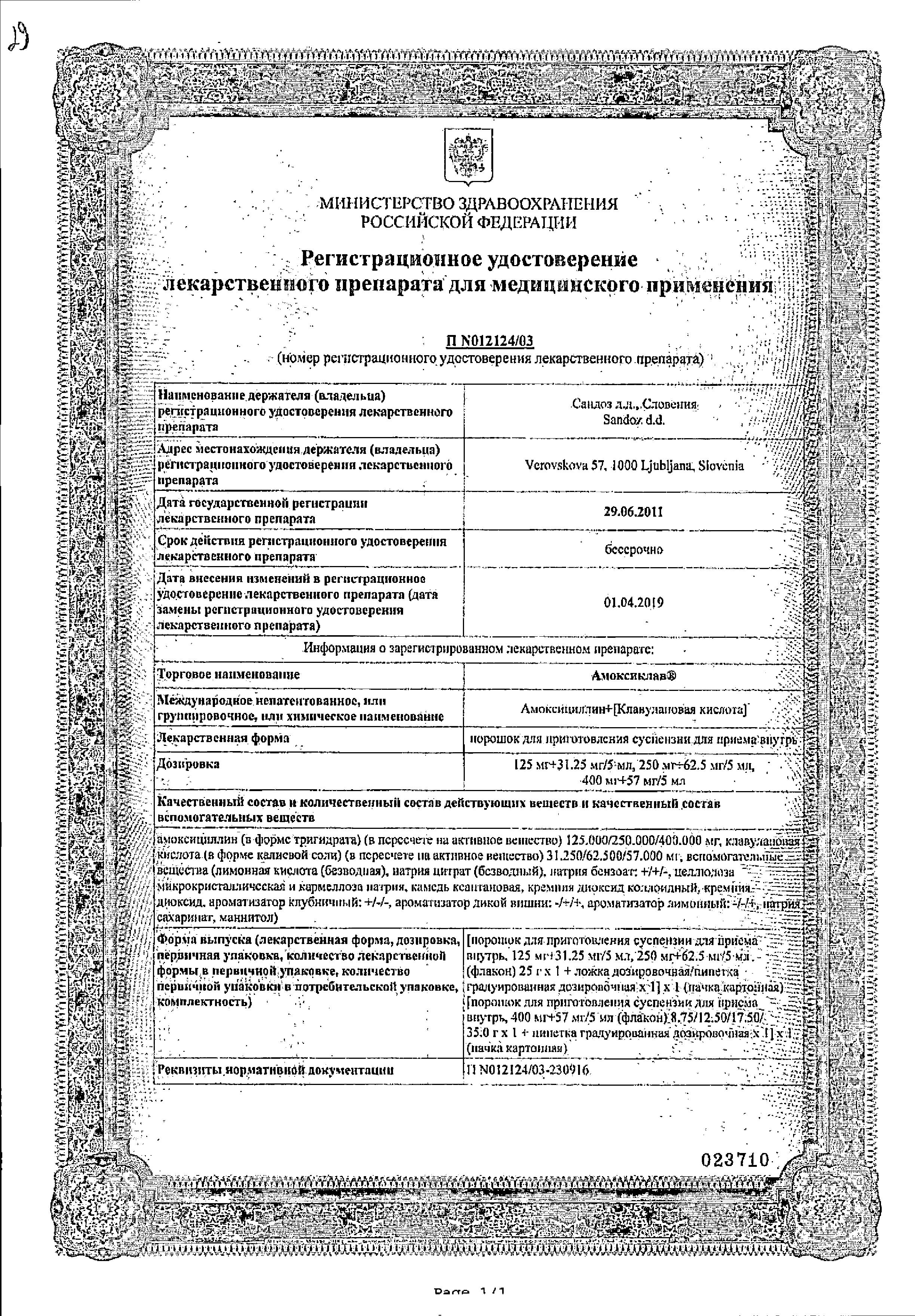 Сертификат на Амоксиклав