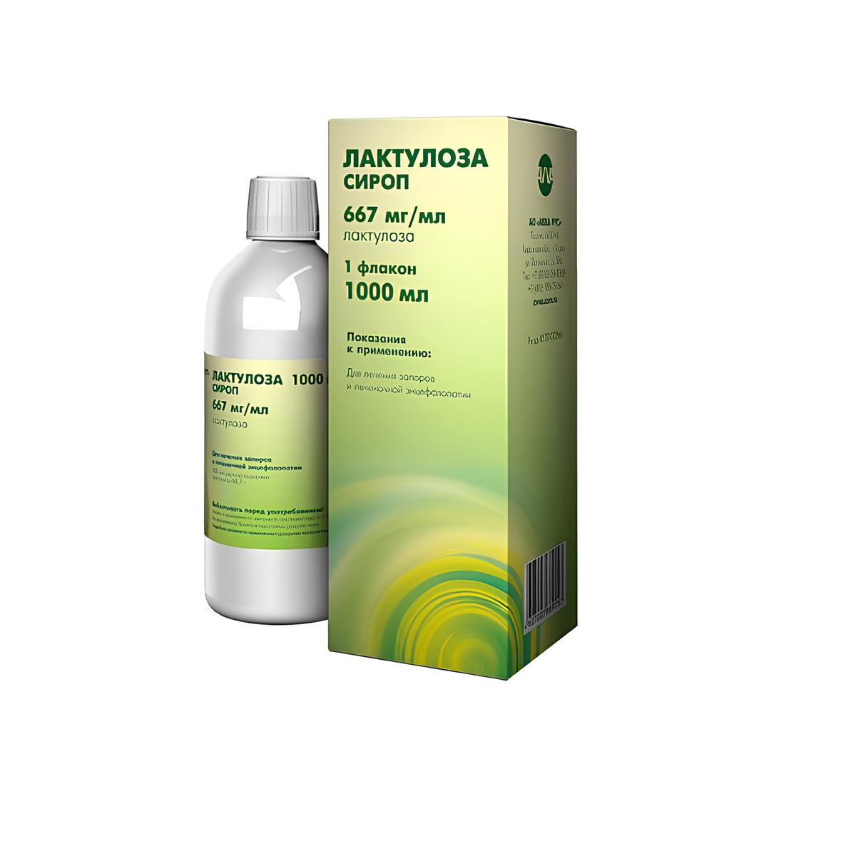 Упаковка препарата Лактулоза сироп 667 мл/мл, флакон 1000 мл