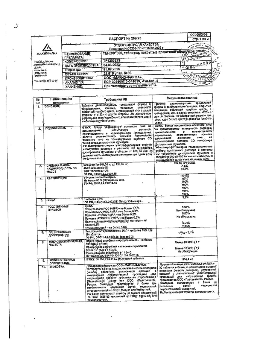 Сертификат на Теноф