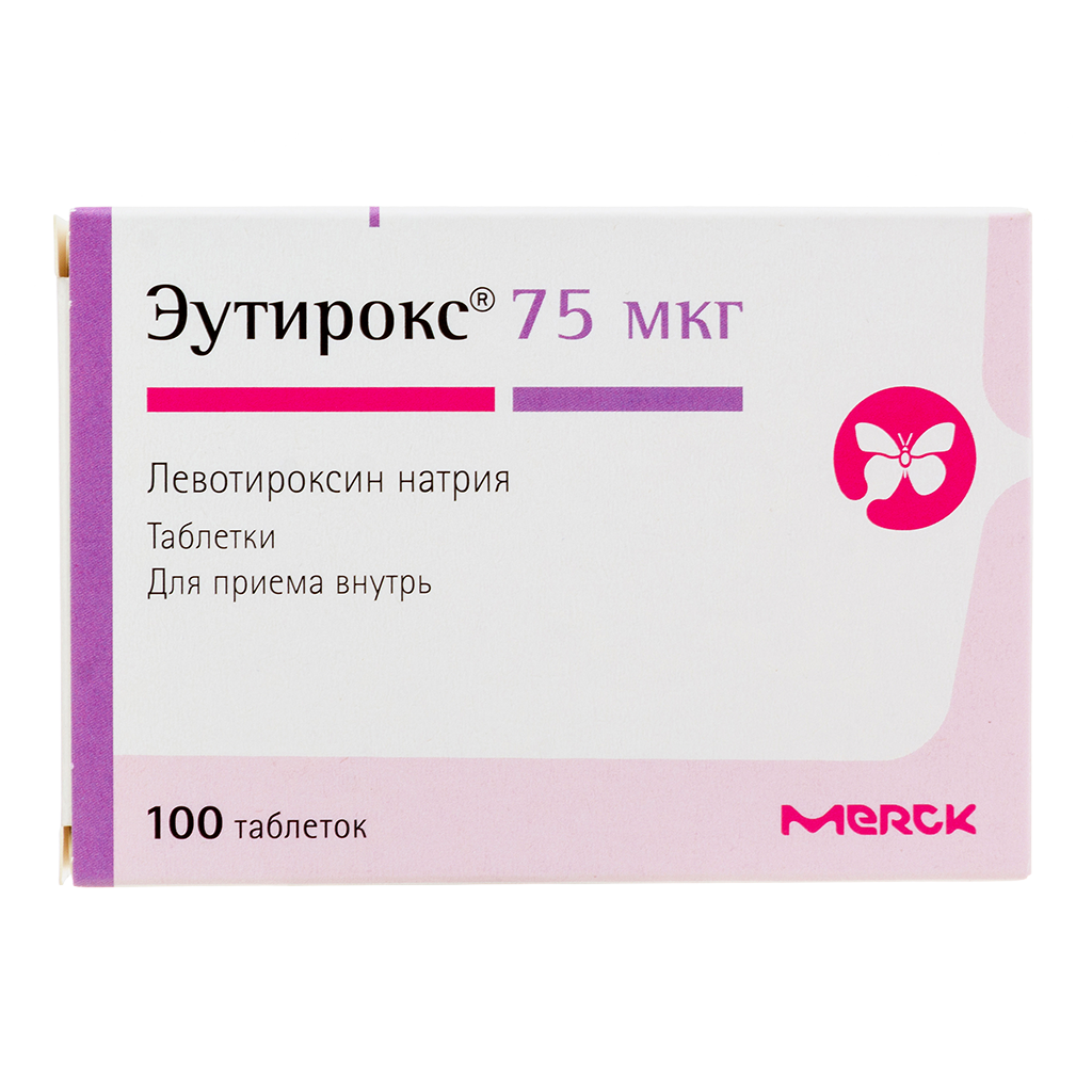 Упаковка препарата Эутирокс, таблетки 0,075 мг, 100 шт.