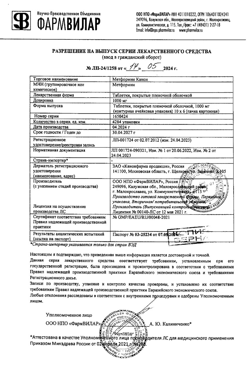 Сертификат на Метформин