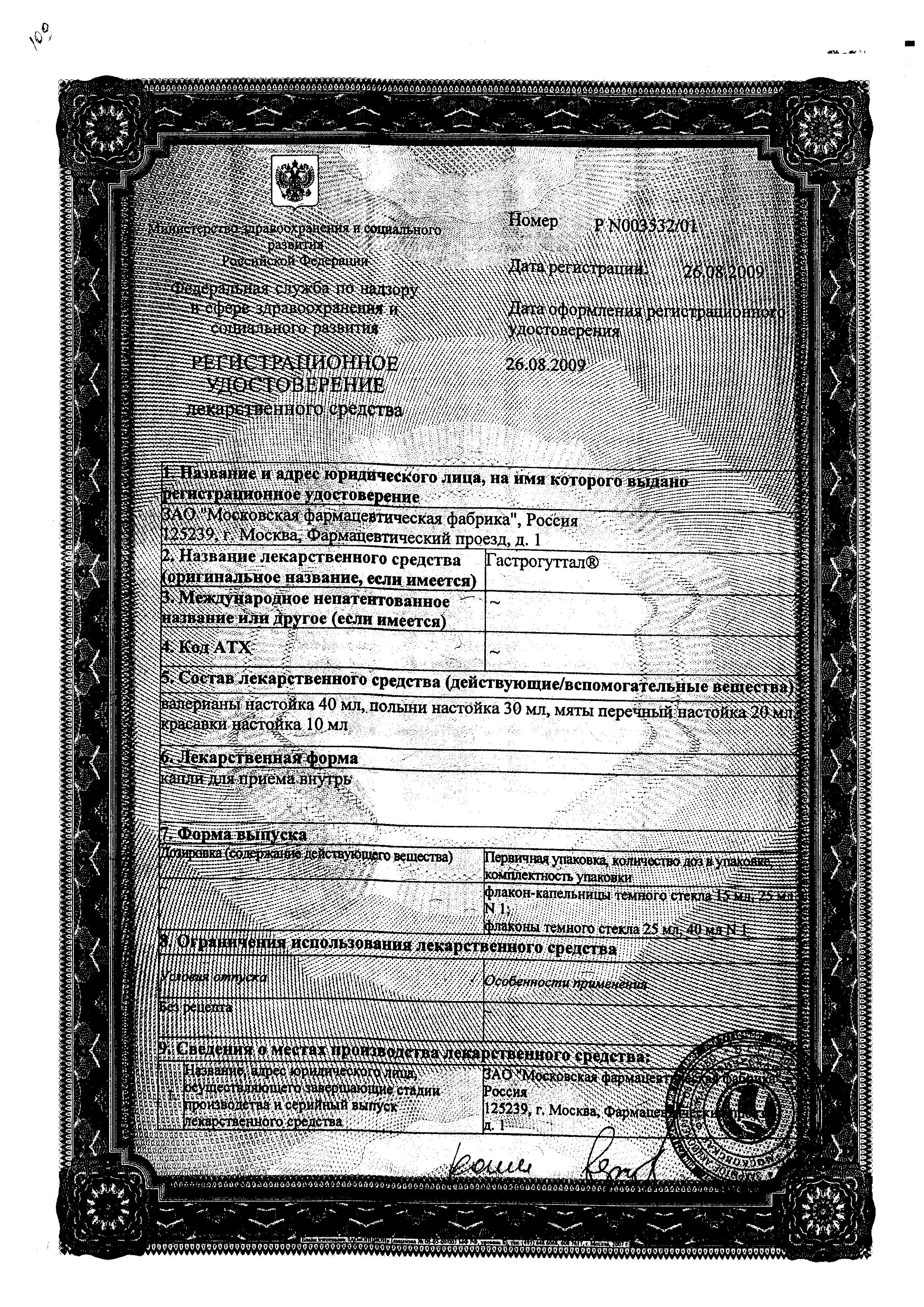 Сертификат на Гастрогуттал