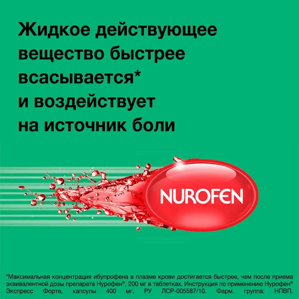 Упаковка препарата Нурофен Экспресс форте, капсулы 400 мг, 10 шт.