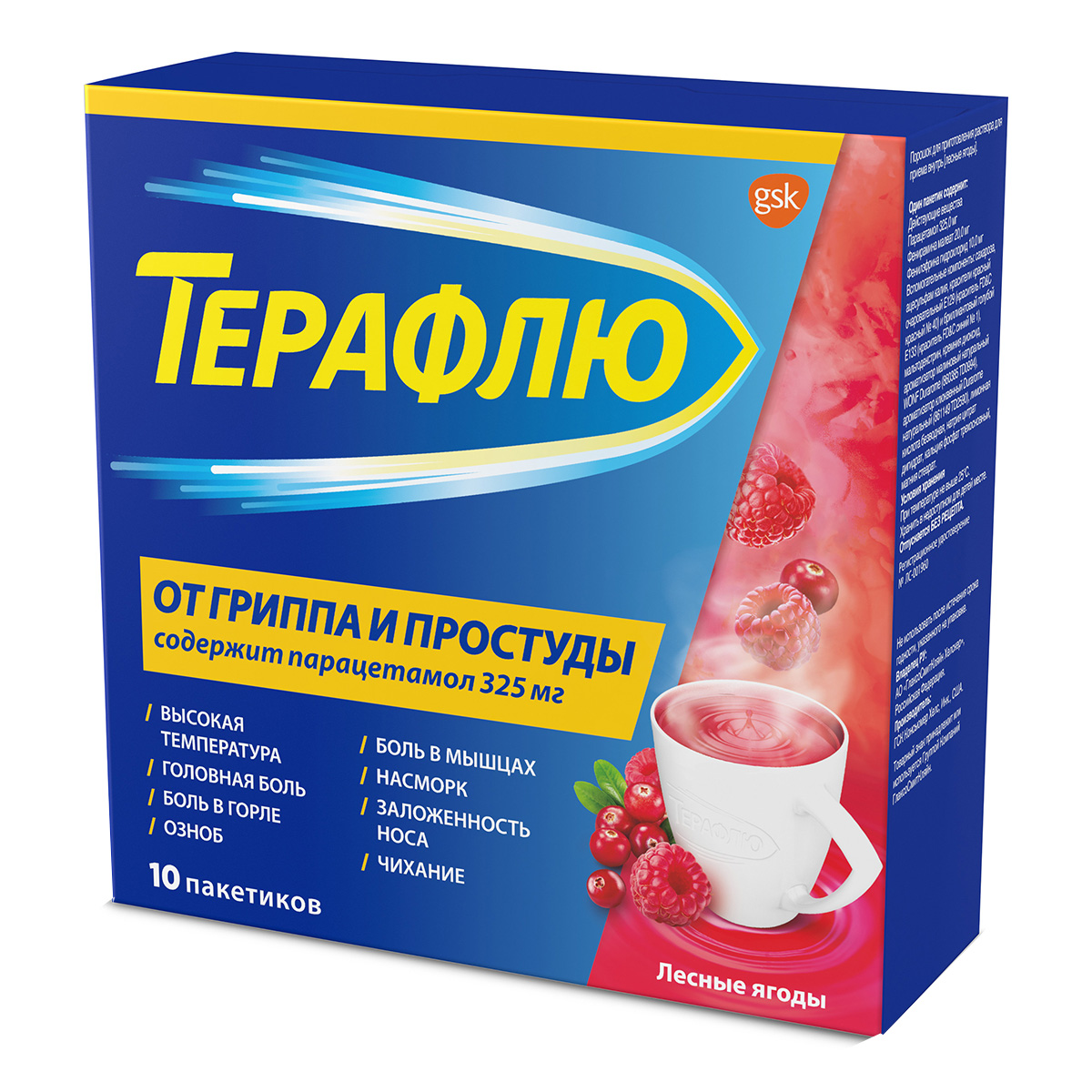 Упаковка препарата ТераФлю, жаропонижающее обезболивающее средство от симптомов гиппа и простуды, 10 шт.