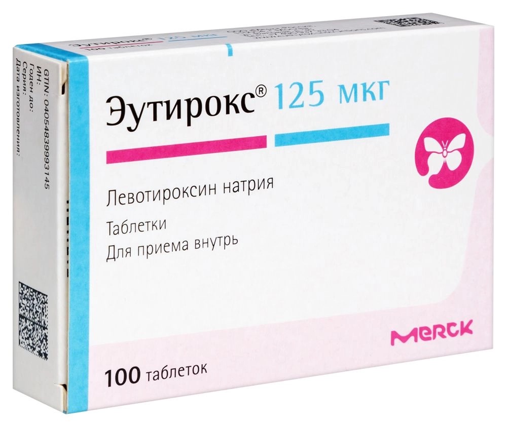 Упаковка препарата Эутирокс, таблетки 125 мкг, 100 шт.