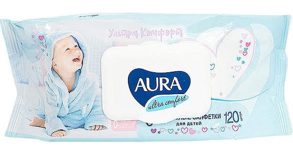 Aura Ultra Comfort, салфетки влажные для детей с экстрактом алоэ и витамином Е, 120 шт.