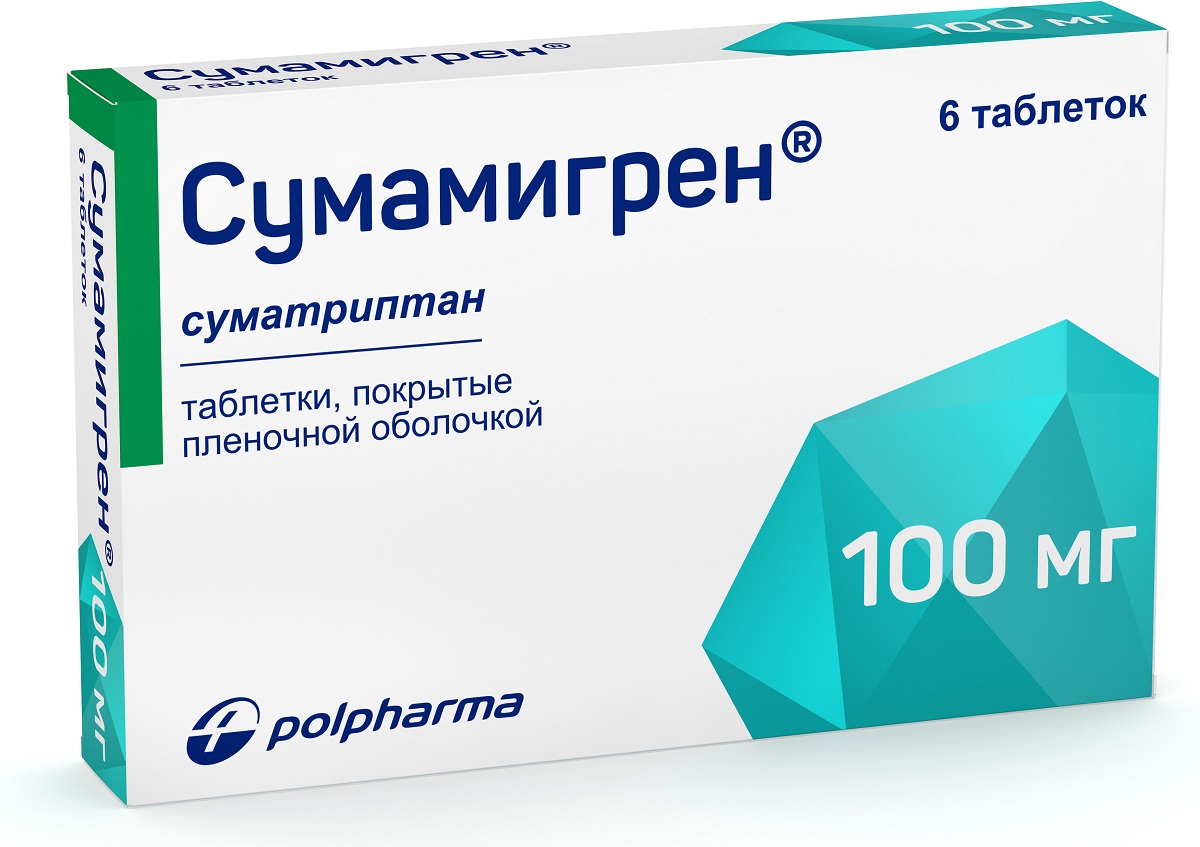 Упаковка препарата Сумамигрен, таблетки покрыт. плен. об. 100 мг, 6 шт.